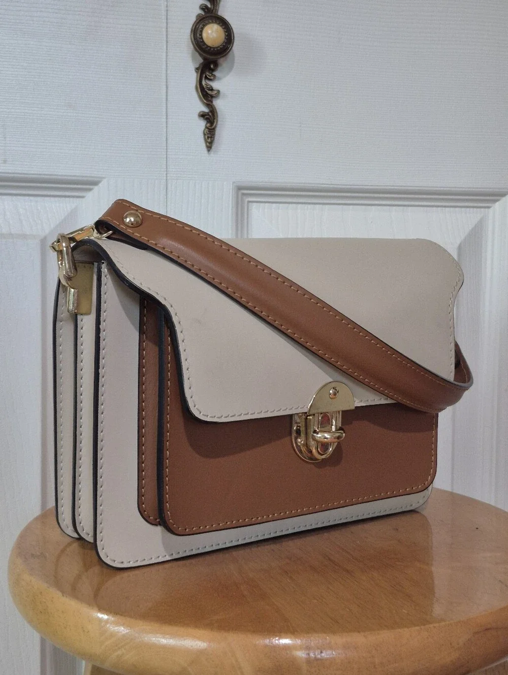 Isadora Italian Leather Satchel With Crossbody Stap Cream And Brown